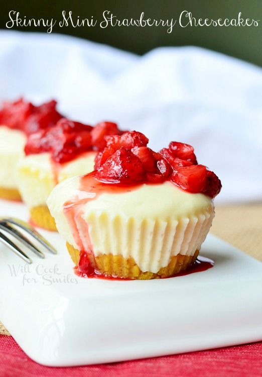 Skinny Mini Strawberry Cheesecakes | from willcookforsmiles.com #cheesecake #strawberry #skinnydessert