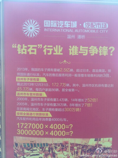 今天来了一个客户，昨天修车被坑了3万元，说：一夜都睡不着，上网和朋友脚聊天了解汽配行业，发现汽配行的暴利。今天6点钟就赶到潘桥国际汽车城••••••,呵呵，这就是温州人、温州人的商业逻辑、温州人的商机思…