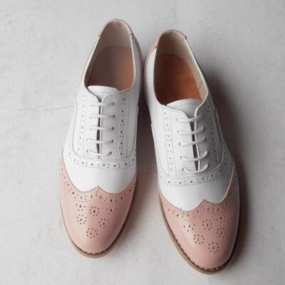 粉色加白拼接可定制真皮女鞋 夏季舒适单鞋布洛克雕花牛津鞋