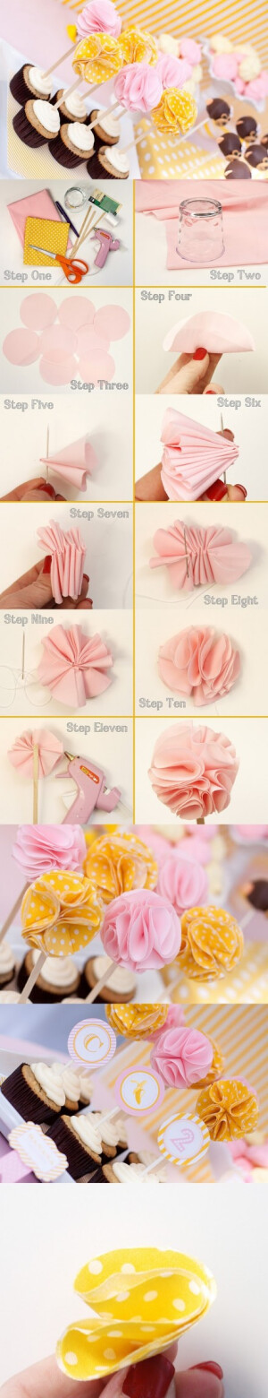 DIY Fabric Flower Cupcake Topper 【阿画】