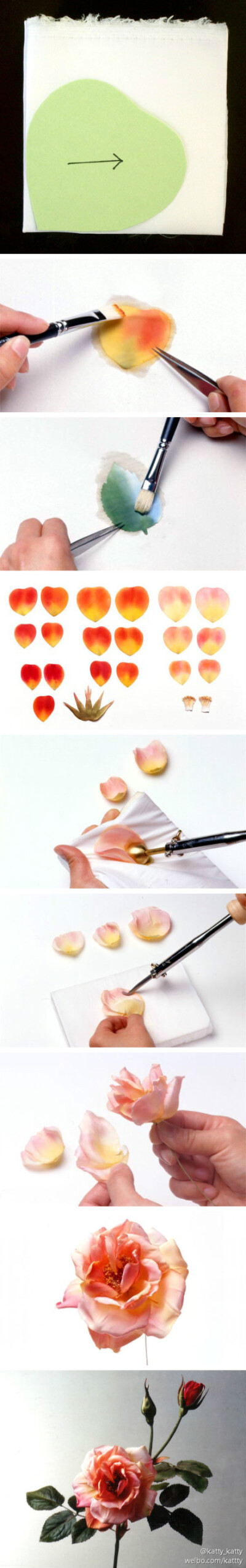 手做布花是一门很有意思的手艺，布料经过染烫组合，能在手中绽放出美丽的花朵。(来自饭田深雪布花教室的简版制作过程http://t.cn/zHRdu8K