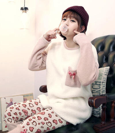 韩国 冬装PINK可爱女式珊瑚绒家居服套装韩版秋冬睡衣
