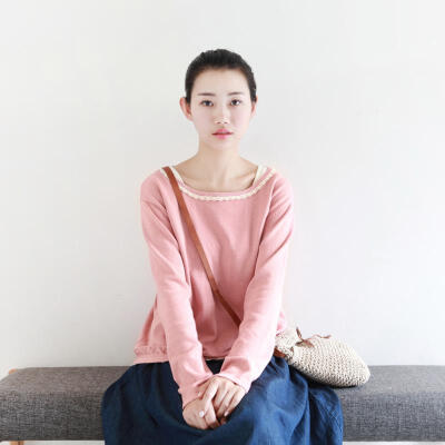 平静的花朵 复古自来旧蕾丝花边棉线毛衣 套头短款