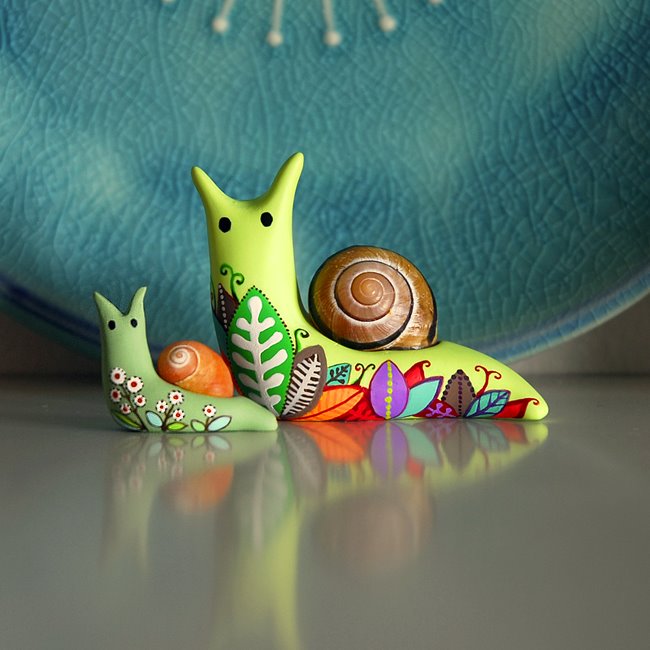 Tropical snails! 3 and 4 out of 33 Acrylic color on polymer clay