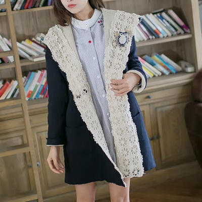 秋冬女装日系复古百搭蕾丝花边拼接宽松带帽毛衣风衣外套