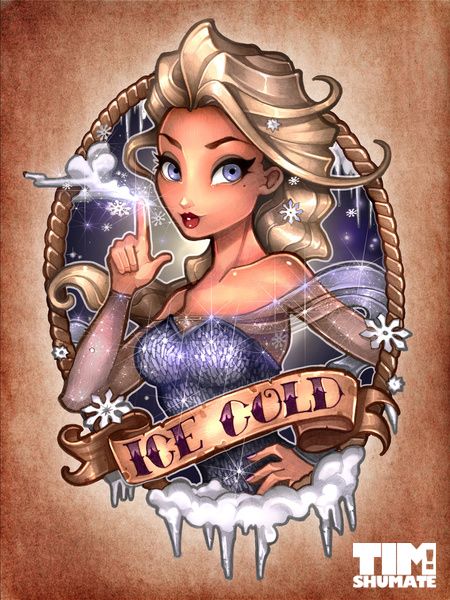Oh, I love this pin-up tattoo style princesses! I'm glad there's one for Elsa now!