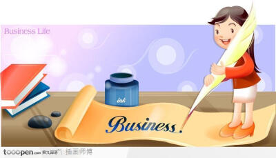 卡通商业插画-拿着羽毛笔书写business单词的女职员