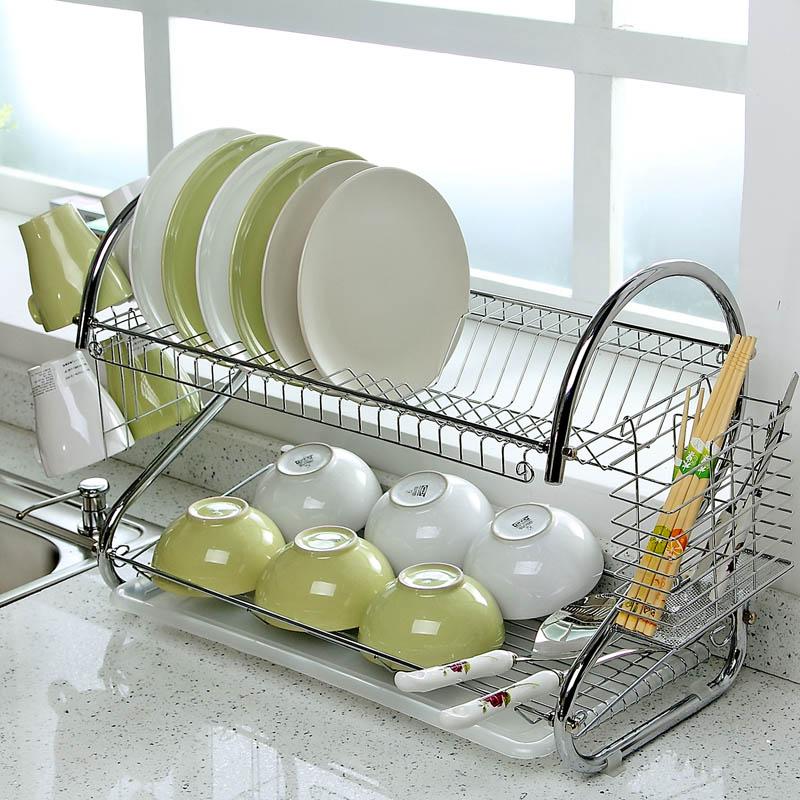 欧润哲 厨房22寸特长款S型碗碟架 双层桌面餐具收纳柜碗筷沥水架