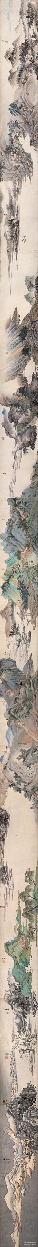 【國畫1464】清 王鑒 《山水圖卷》—— 紙本設(shè)色，清代王鑒、王翬等國畫作品。