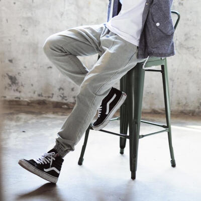 日系原宿风浅蓝色水洗牛仔裤复古收脚罗口宽松灯笼裤哈伦牛仔长裤