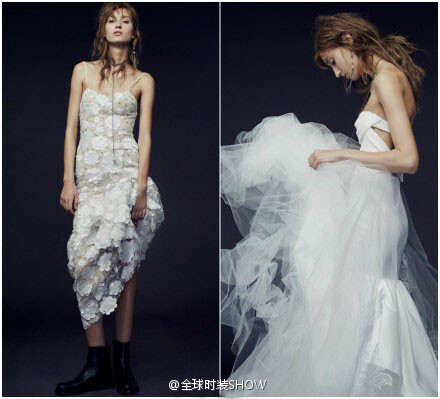 Vera Wang Fall 2015 婚纱系列┃婚纱女王新季婚纱将重点放在细节与质感之上，质地如山涧流水一般轻盈透澈，看似简洁的裙身却使用大量的手工绣花或金属色蕾丝饰于其上，并不一定要是雍容华美，露个腿或是蹬双皮靴，新娘可以成双成对自然是可以美得潇洒~|转