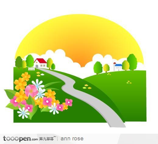 山坡草坪卡通房子风景插画