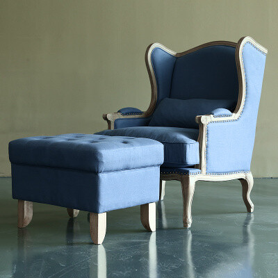 定制出口实木沙发 美式乡村 亚麻软包布艺单人沙发蓝色扶手沙发椅