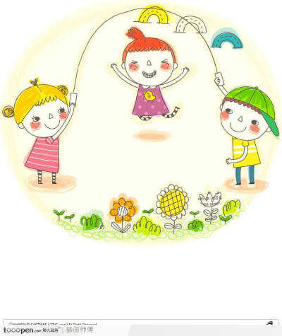 简笔画女孩插画－一起玩跳绳游戏的孩子们
