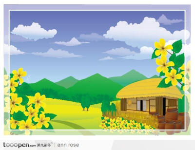 花丛山峰稻草木屋插画素材