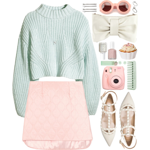 A fashion look from October 2014 featuring H&amp;amp;M sweaters, Miu Miu mini skirts and Valentino flats. Browse and shop related looks.