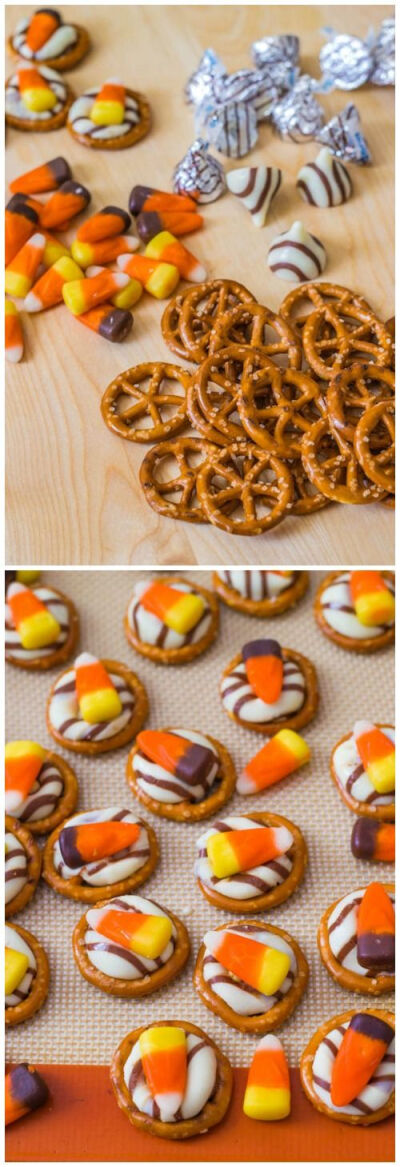 These salty sweet candy corn pretzel treats are so simple to make!