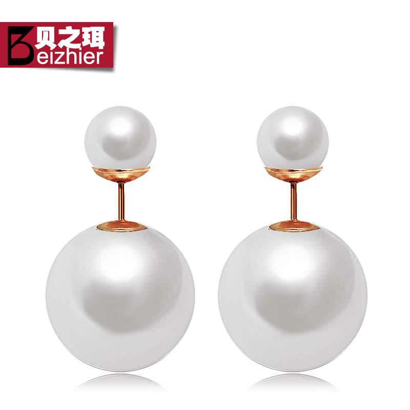 国时尚双面珍珠耳钉镶钻气质前后大小珍珠耳环夸张女四叶草耳饰