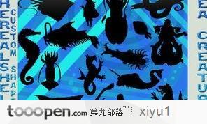 各种海底生物形状-海马剪影、墨鱼乌贼、灯笼鱼、海龙等