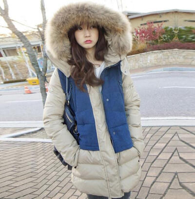 韩版女装连帽大毛领羽绒棉服中长款时尚修身拼接撞色棉衣外套