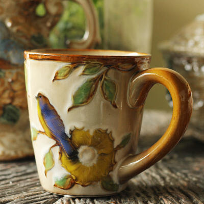 掌柜推荐！法式乡村田园进口釉面浮雕彩绘鸟与花陶瓷马克杯水杯