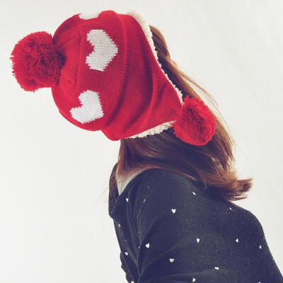 少女之家 冬季帽子女 爱心大球可爱毛线帽子 韩版护耳针织保暖帽