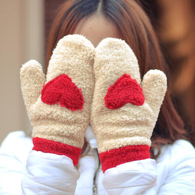 少女之家 韩国冬季可爱保暖加厚毛绒爱心手套全指女士手套