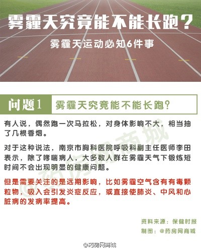 【雾霾天究竟能不能长跑？雾霾天运动必知6件事！】19 日，2014 北京国际马拉松比赛鸣枪开跑，当天北京深陷中度霾，局地能见度差，霾黄色预警及空气重污染蓝色预警同时发布，让这次马拉松比赛遭遇的最大挑战不是距离而是空气。雾霾天该不该跑？不用纠结了，雾霾天运动六问答↓↓↓