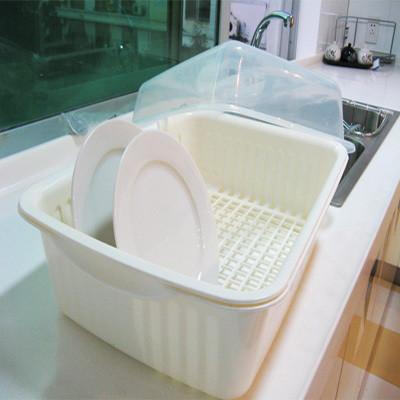 带盖塑料晾碗架滴水碗盘架沥水架厨房碗筷收纳盆放碗碟架滤水篮蓝