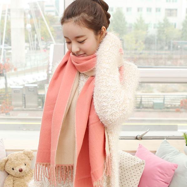 卡兰薇 围巾女秋冬季韩版双面撞色加厚保暖仿羊绒流苏披肩