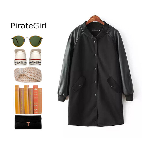 pirategirl海盗女孩2014秋冬欧美专柜同款拼接长款棒球服外套