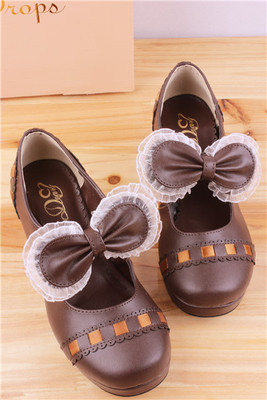 日本外贸原单日系蕾丝蝴蝶结圆头花朵森林系粗跟女鞋森女公主单鞋