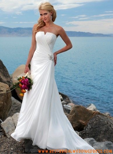 Chiffon Strapless Rouched Bodice With Slim Sheath Skirt Hot Sell Beach Wedding Dress~