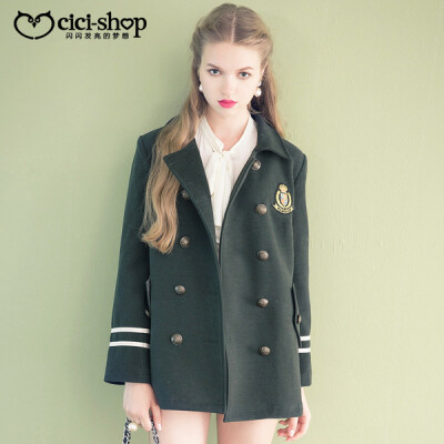 【双11折扣价239！】CICISHOP2014秋装新品 甜美双排扣学院风大翻领毛呢大衣外套3403