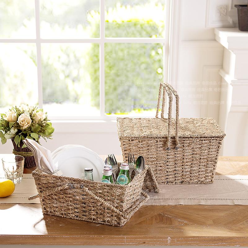 纯手工编织海草储物篮收纳 艾莉尔带盖带提手野餐篮两件套