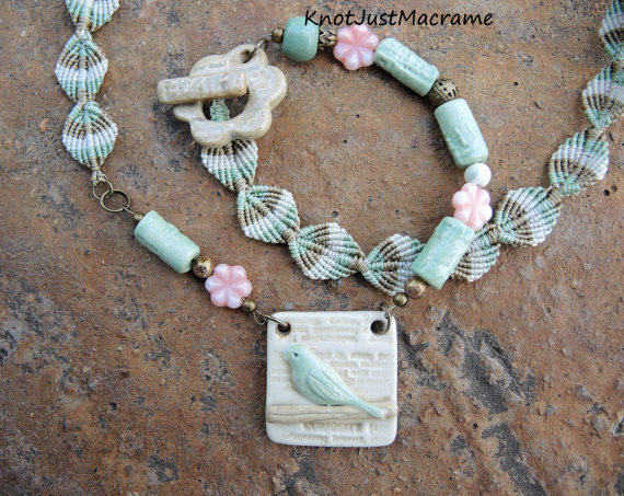 Bird Micro Macrame Necklace with Blu Mudd Ceramic Pendant and Clasp