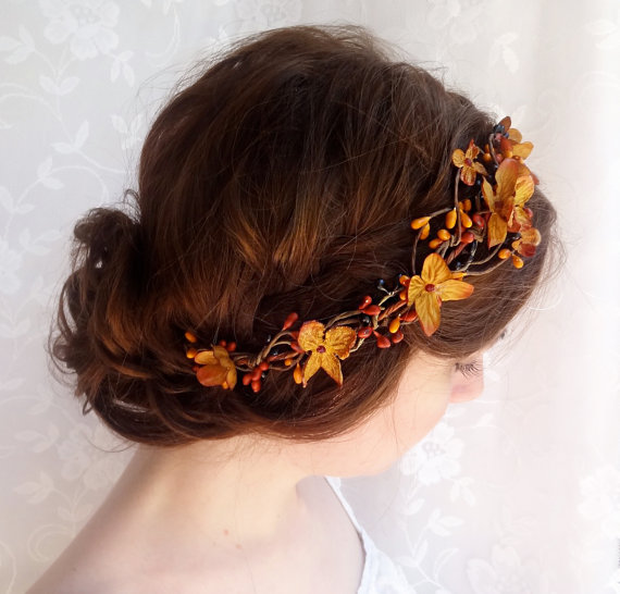 fall wedding hair accessories, copper orange bridal headpiece, autumn wedding flower crown - BRAMBLE - rustic wedding, floral head wreath