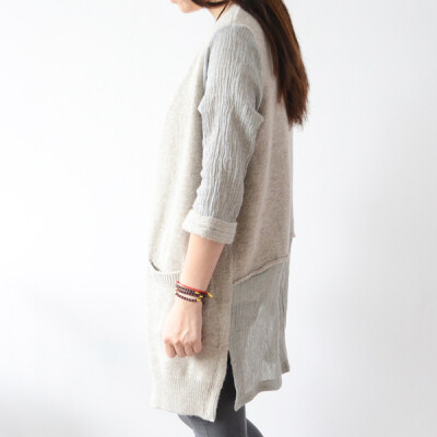 2014秋新款韩版宽松大码针织衫女 中袖中长款毛衣开衫外套女 毛线