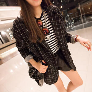 西草儿欧美韩版英伦宽松长袖格子西装女春秋冬百搭外套一粒扣