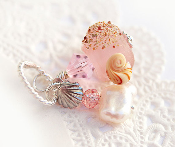 Seaglass Pendant - beach pink lampwork glass bead on sterling silver with pearl, jewelry by MayaHoney, P32