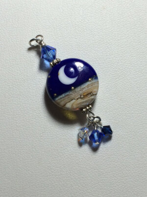Twilight Moon on the beach Handmade Lampwork jewelry Glass Tab Pendant - navy blue
