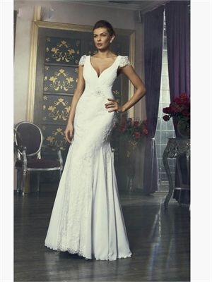 2015 Wedding Dresses White Mermaid V-Neck Lace Chiffon Bridal Gowns AWD60023