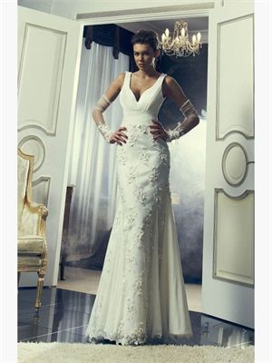 2015 Wedding Dresses Sheath V-Neck Lace Pleats Chiffon Bridal Gowns AWD60040