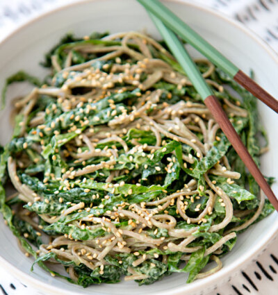 KALE NOODLE BOWL WITH AVOCADO MISO DRESSING