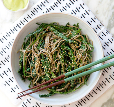 KALE NOODLE BOWL WITH AVOCADO MISO DRESSING