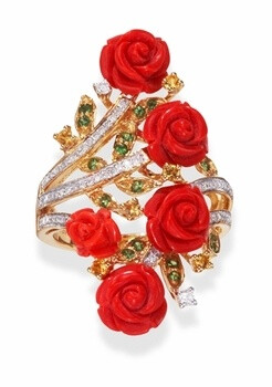 Carved Coral Rose Ring in 18k Gold