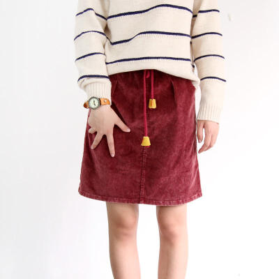 熊小团原创 韩国复古森系小清新灯芯绒抽绳流苏短裙半身裙A字裙