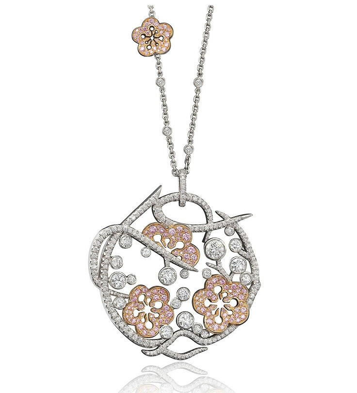 Large Blossom Pendant.A exquisite, sparkling pendant from Boodles' iconic Blossom collection, set with 4.07ct of white and 1.65ct of pink round-brilliant cut diamonds in platinum and 18ct rose gold on an 18 inch chain with diamond detail.