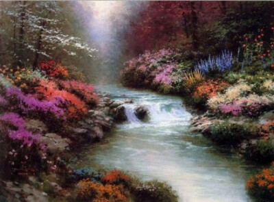 来自美国画家Thomas Kinkade（1958-2012）的作品，他的绘画作品以鲜活的颜色和柔和的光线著称，画作充满光影的魅丽变化，因而被称之为the Painter of Light。