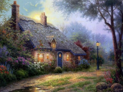 来自美国画家Thomas Kinkade（1958-2012）的作品，他的绘画作品以鲜活的颜色和柔和的光线著称，画作充满光影的魅丽变化，因而被称之为the Painter of Light。